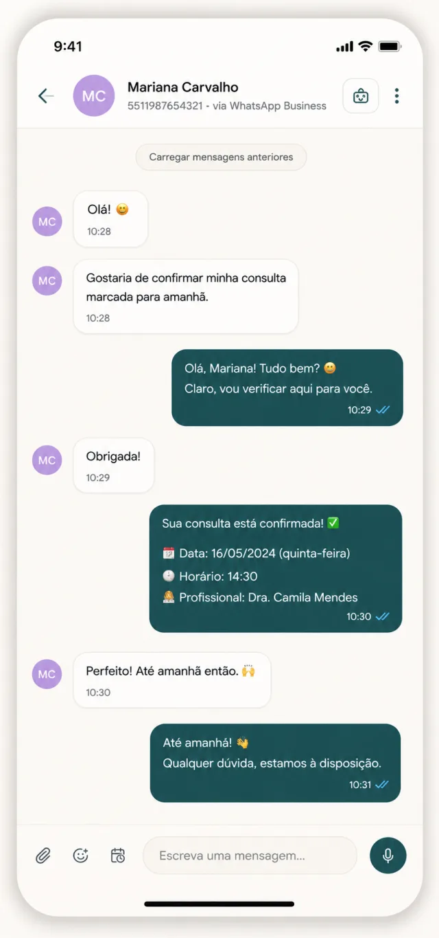 Mensagem de confirmação de consulta enviada pelo WhatsApp da própria clínica e respondida pelo paciente