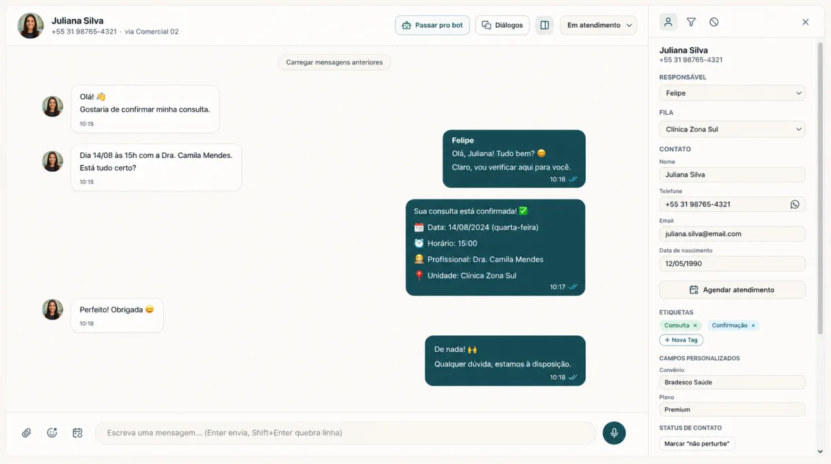 Conversa de uma paciente aberta no Elevva CRM, com o cadastro e as etiquetas dela ao lado